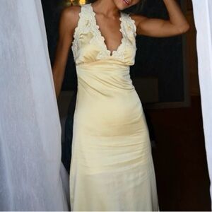 YLLW THE LABEL Roxie Lace Trim Satin Midi Dress in yellow size S